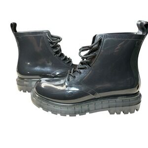 Melissa Coturno Black Jelly Combat Boots Vegan Platform Lug Sole Rain Boots 8